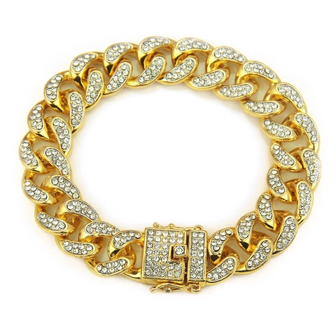 Bracciale Maglia Cubana da Uomo Hip Hop Lega Intarsio Strass Chiusura Quadrata Tonalità Argento Braccialetto a Catena Gioielli Accessori Moda