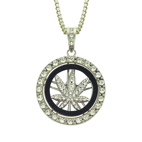 Collar con Colgante de Hoja de Marihuana Giratorio Hip Hop para Hombre Aleación Plata Diamantes de Imitación Medallón Giratorio Joyería