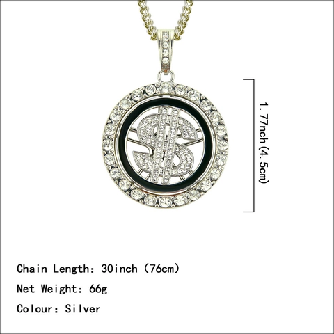 Collana con Pendente a Segno del Dollaro Girevole Hip Hop in Lega con Strass Oro Argento Catena Cubana Gioielli Uomo