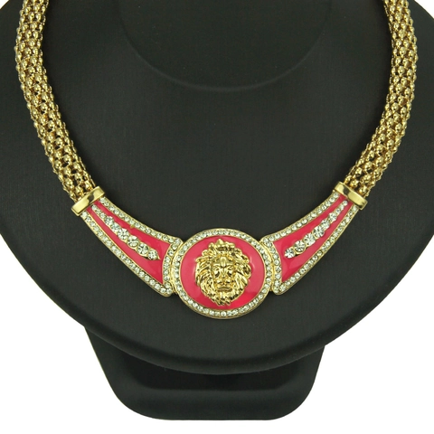 Collana con Ciondolo Testa di Leone Hip Hop per Uomo Donna Lega Placcata Oro Medaglione Smalto Animale Gioielli Strass