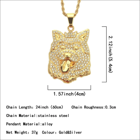 Collana con Pendente a Testa di Cane con Corona Hip Hop Iced Out in Lega con Strass Catena in Acciaio Inossidabile da Uomo