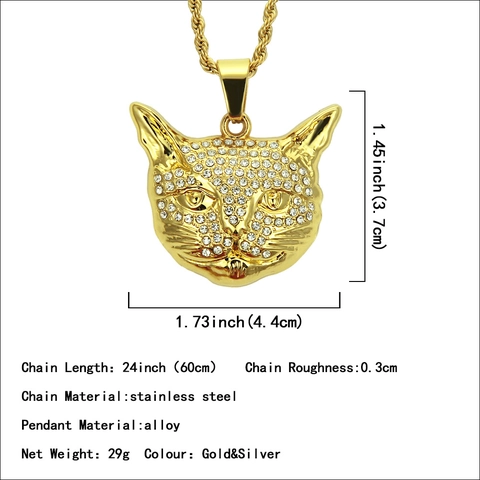 Iced Out Rhinestone Cat Head Pendant Necklace Alloy Stainless Steel Rope Chain Hip Hop Jewelry For Men Women Gold Silver