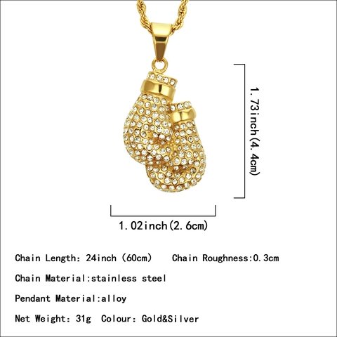 Hip Hop Boxing Gloves Pendant Necklace For Men Iced Out Rhinestone Zinc Alloy Pendant Stainless Steel Rope Chain Jewelry
