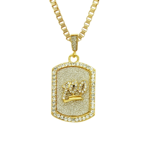 Collana Hip Hop in Lega con Pendente Targhetta 100 con Strass per Uomo Oro Catena a Scatola Corona Iced Out Gioielli
