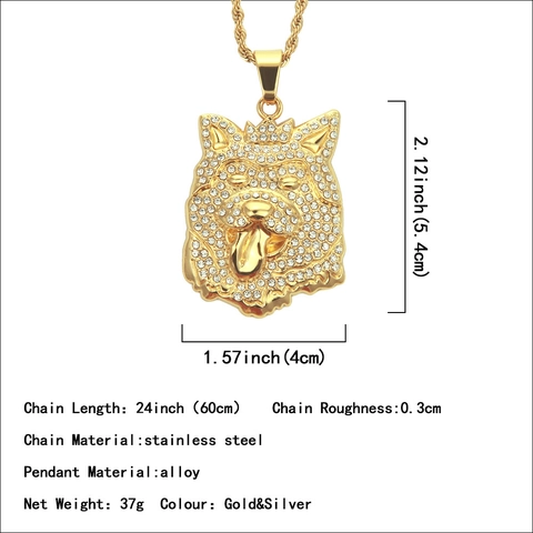 Hip Hop Dominineering Crown Dog Head Pendant Necklace For Men Stainless Steel Rope Chain Inlaid Rhinestone Jewelry Gift