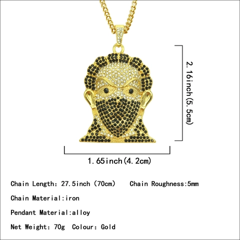 Collana con Pendente Ritratto Uomo Mascherato Hip Hop Esagerato Placcato Oro Strass Completo Catena a Maglia Cubana Gioielli Regalo