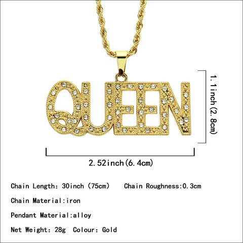 Collana con Ciondolo Lettera Queen con Strass Brillanti Lega Tonalità Oro e Catena in Acciaio Inossidabile per Stile Hip Hop e Streetwear