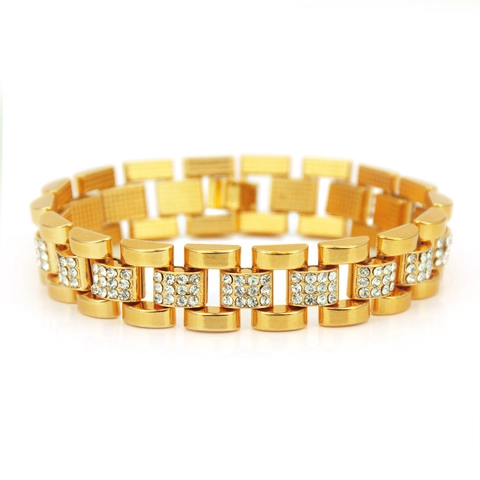 Pulsera Hip Hop para Hombre Estilo Correa de Reloj de Aleación Lujosa Incrustada de Diamantes de Imitación Oro Plata Galvanizado Joyas