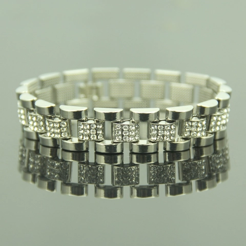 Pulsera Hip Hop para Hombre Estilo Correa de Reloj de Aleación Lujosa Incrustada de Diamantes de Imitación Oro Plata Galvanizado Joyas
