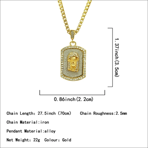 Hip Hop Gold Plated Religious Portrait Pendant Necklace For Men Alloy Rhinestone Inlaid Square Dog Tag Fashion Jewelry
