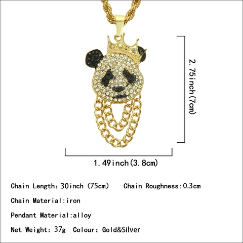 Collana con Ciondolo a Forma di Panda con Corona Hip Hop in Lega di Zinco con Strass Gioielli da Uomo Streetwear Catena a Corda Oro Argento
