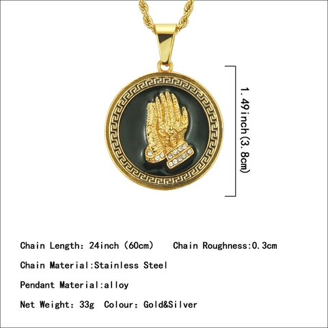 Hip Hop Praying Hand Round Pendant Necklace Alloy Rhinestone Rope Chain Religious Jewelry Greek Key Enamel Necklace For Men