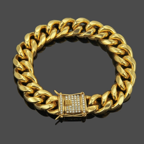 Bracciale a Catena Cubana in Lega Hip Hop da Uomo Con Chiusura in Strass Oro Argento Placcato Catena Spessa Gioielli per Feste