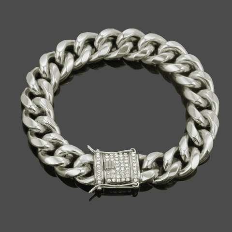 Bracciale da Uomo Hip Hop in Lega a Maglia Cubana Toni Oro Argento con Fibbia Intarsiata di Strass Gioielli Punk