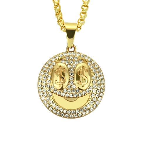 Hiphop Gold Plated Dollar Sign Eyes Smiley Face Pendant Necklace Zinc Alloy Iron Pave Rhinestone Iced Out Bling Jewelry