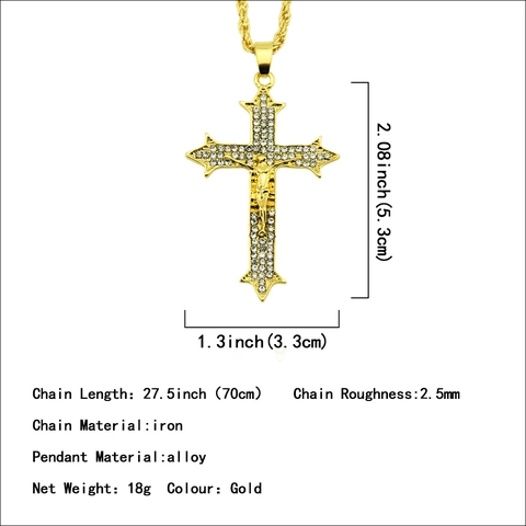 Hiphop Rhinestone Crucifix Pendant Necklace Alloy Jesus Cross Pendant Gold Plated Rope Chain Religious Jewelry For Men Women