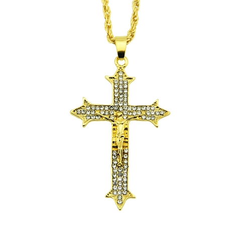 Hiphop Men Cross Crucifix Pendant Necklace Gold Plated Alloy Iced Out Rhinestone Religious Rope Chain Streetwear Jewelry