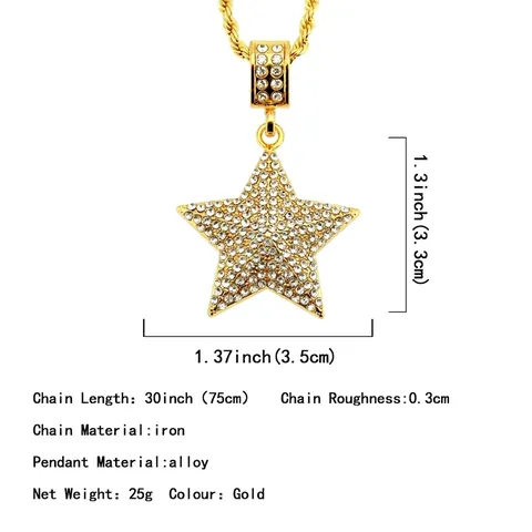 Hip Hop Iced Out Pentagram Star Pendant Necklace Gold Plated Alloy Iron Rope Chain For Men Cool Trendy Fashion Jewelry
