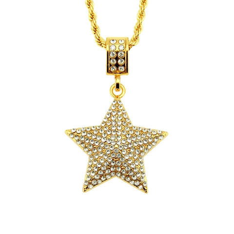 Collana con Pendente a Stella Pentagramma in Lega Placcata Oro Hip Hop Con Catena a Corda Iced Out in Strass Gioielli da Uomo