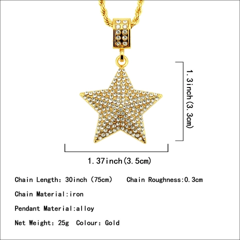 Collana con Pendente a Stella Pentagramma in Lega Placcata Oro Hip Hop Con Catena a Corda Iced Out in Strass Gioielli da Uomo