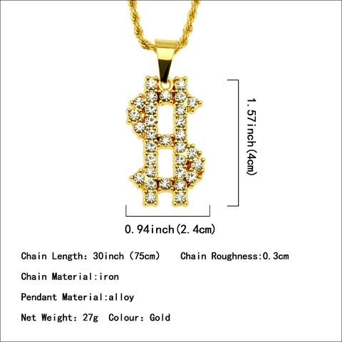 Hip Hop Iced Out Dollarteken Hanger Halsketting Goud Verguld Legering Strass Pave Geld Symbool Ketting Voor Heren Streetwear Sieraden