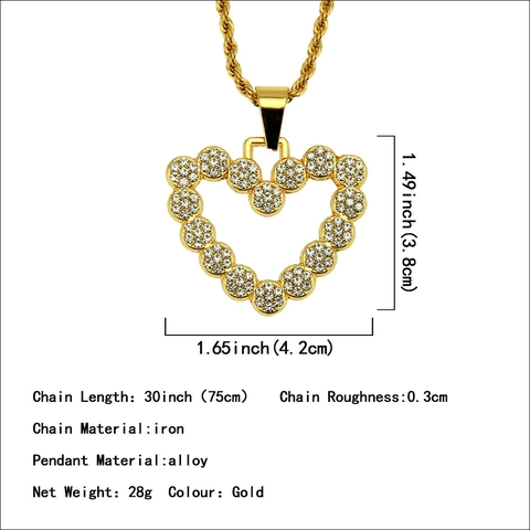 Herren Hip Hop Gold Herz Anhänger Halskette Mit Strass Legierung Seilkette Mode Schmuck Geschenk Trendy Halsschmuck