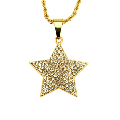 Collana con Ciondolo a Stella Iced Out Hip Hop Uomo Lega di Zinco Strass Stella a Cinque Punte Catena a Corda Gioielli