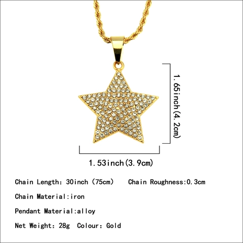 Collana con Ciondolo a Stella Iced Out Hip Hop Uomo Lega di Zinco Strass Stella a Cinque Punte Catena a Corda Gioielli