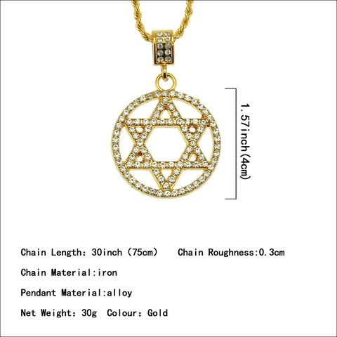Collana Hip Hop Uomo Con Ciondolo Stella di Davide Placcata Oro Esagramma Strass Gioielli Con Catena a Fune