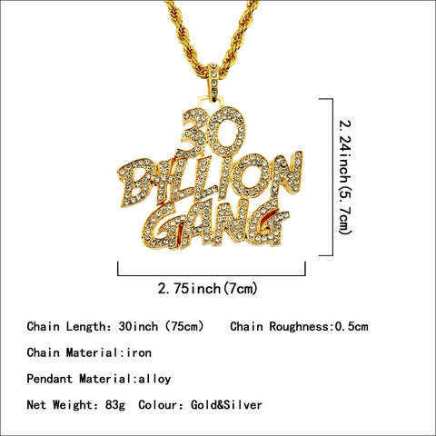 Collana con Ciondolo Lettera 30 Billion Gang in Lega Hip Hop con Strass e Catena a Corda in Ferro per Uomo Gioielli Street Oro Argento