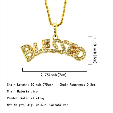Collana con Ciondolo a Lettera Blessed Hip Hop in Lega Catena a Corda con Strass Gioielli Streetwear da Uomo Oro Argento