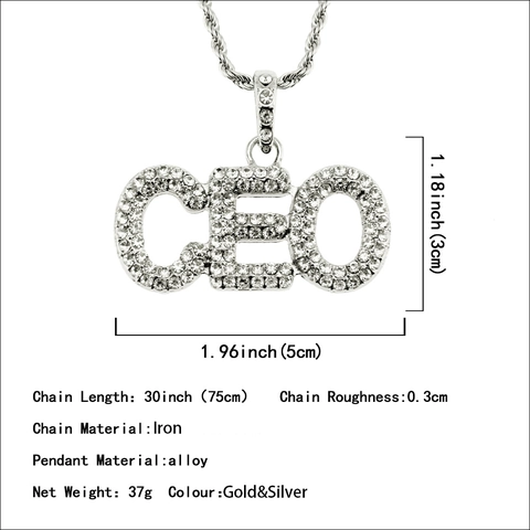 Collana con Pendente Lettera CEO Hip Hop Iced Out Strass Lega Catena a Corda Moda Streetwear Gioielli per Uomo Donna