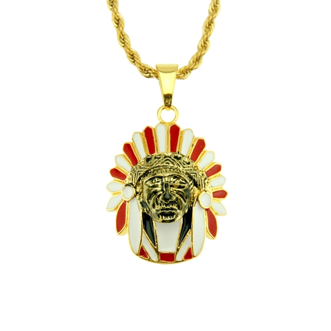Vintage Indian Chief Head Pendant Necklace For Men Gold Silver Alloy Enamel Drip Oil Hip Hop Stainless Steel Rope Chain