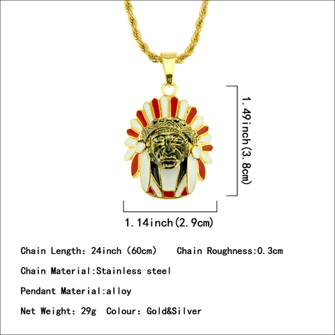 Hip-Hop-Indianer-Häuptling-Anhänger-Halskette Für Herren Legierung Emaille Native American Head Charm Mit Edelstahl-Kordelkette