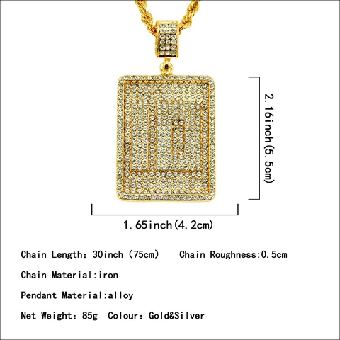 Hip Hop Men Alloy Rhinestone Initial Pendant Necklace Rectangular Pave Rhinestone Letter Pendant With Iron Rope Chain Gold Silver Color Fashion Street Jewelry Accessory