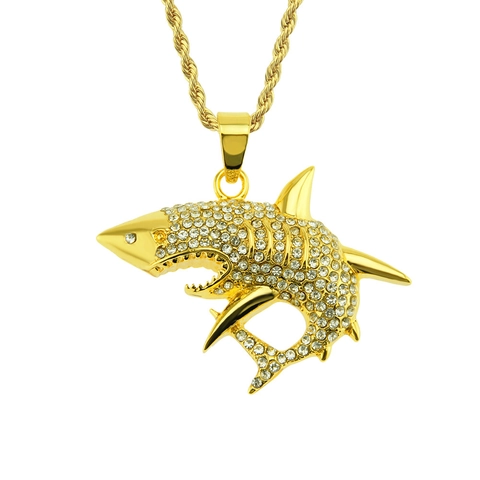 Hip Hop Iced Out Shark Pendant Necklace For Men Zinc Alloy Rhinestone Stainless Steel Rope Chain Fashion Jewelry Gift