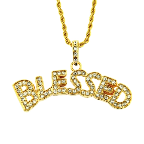 Hip Hop Blessed Letter Hanger Halsketting Voor Heren Goud Zilver Strass Iced Out Touwketting Streetwear Sieraden