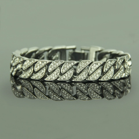 Men's Hip Hop Iced Out Cuban Link Bracelet Alloy Pave Rhinestone Fashion Jewelry For Men Gold Silver Plated Chain