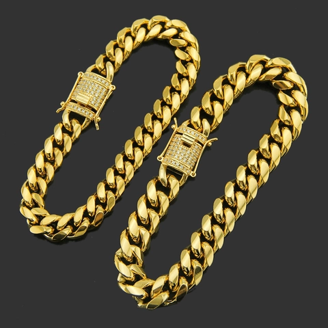 Bracciale da Uomo in Acciaio Inossidabile a Maglia Cubana Hip Hop Iced Out Zirconia Intarsiato Oro Argento Gioielli
