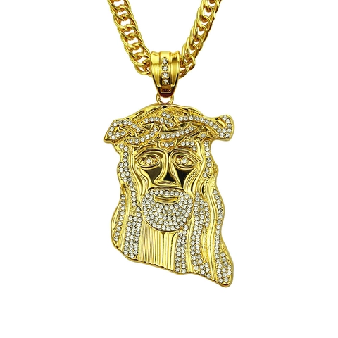 Collana Hip Hop Pendente Gesù Lega Oro Iced Out Strass Catena Maglia Cubana Gioielli Religiosi per Uomo Donna