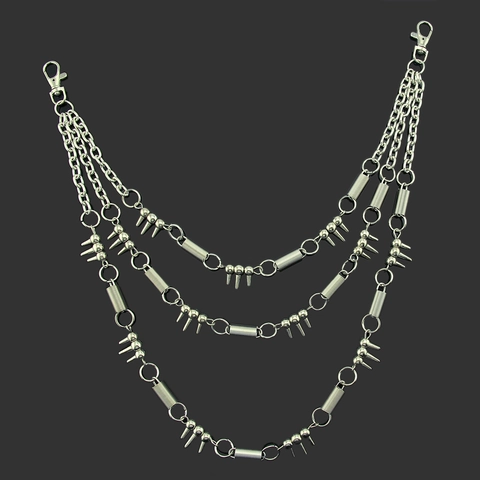 Punk Men Hip Hop Multi Layer Metal Pants Chain With Spikes Spring Loops Retro Gothic Silver Waist Chain Jewelry Gift