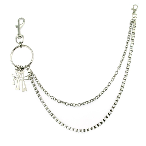 Men Hip Hop Double Layer Metal Pants Chain With Cross Pendants Silver Color Punk Streetwear Wallet Belt Waist Chain Jewelry