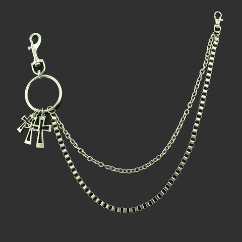 Men Hip Hop Double Layer Metal Pants Chain With Cross Pendants Silver Color Punk Streetwear Wallet Belt Waist Chain Jewelry