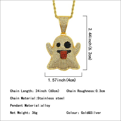 Collier Pendentif Emoji Fantôme Hip Hop Iced Out pour Hommes Femmes Or Argent Strass Bijoux en Alliage Chaîne Corde en Acier