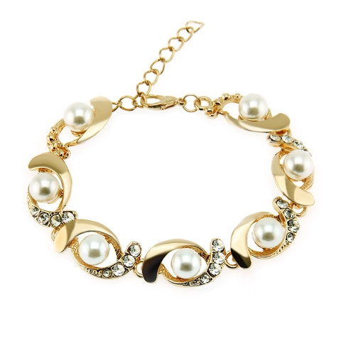 Fashion Women Alloy Artificial Pearl Rhinestone Bracelet Geometric S-Shaped Wave Link Chain Gold Silver Plated Elegant Commute Jewelry