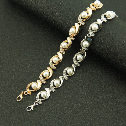 Fashion Women Alloy Artificial Pearl Rhinestone Bracelet Geometric S-Shaped Wave Link Chain Gold Silver Plated Elegant Commute Jewelry
