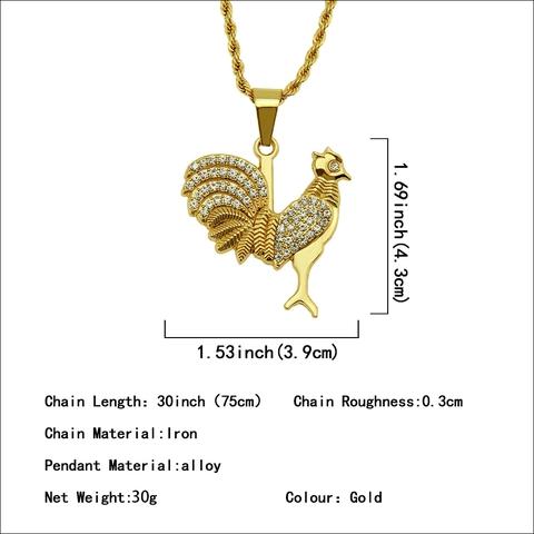 Collana con Pendente a Forma di Gallo Hiphop Iced Out per Uomo in Lega Placcata Oro Catena a Corda in Ferro con Strass