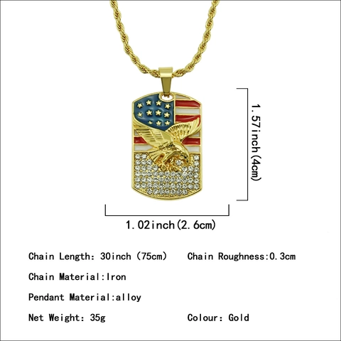 Collar con Colgante de Águila de la Bandera Americana Bañado en Oro Hip Hop Para Hombre Aleación Estrás Esmalte Joyería