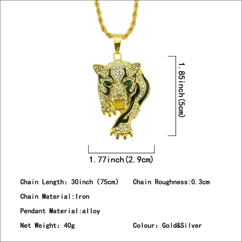 Collana con Pendente a Testa di Leopardo Hip Hop da Uomo in Lega con Strass Intarsiati Gioielli Dominante Oro Argento Catena a Corda