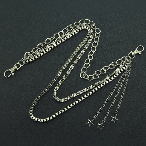 Men Punk Triple Layer Cuban Chain Pants Chain Hip Hop Silver Alloy Waist Chain With Star Pendants For Jeans Clubwear Jewelry